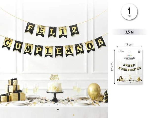 Guirnalda feliz cumpleaños black gold
