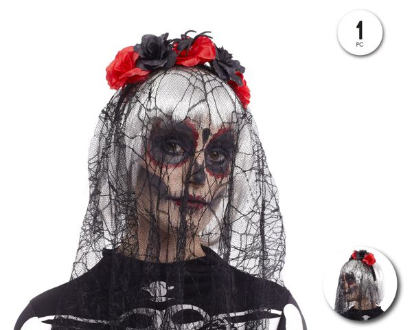 Diadema catrina velo rojo/neg