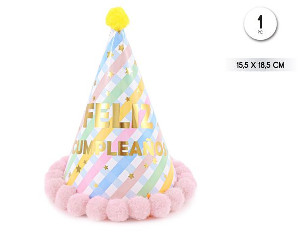 Gorro feliz cumple pompones rosa