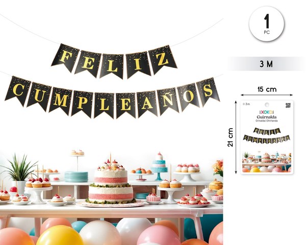 Banderines feliz cumple negro dorado 3m