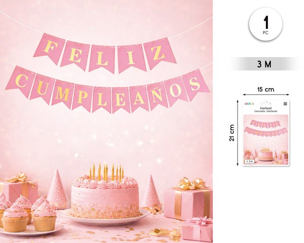 Banderines feliz cumple rosa dorado 3m