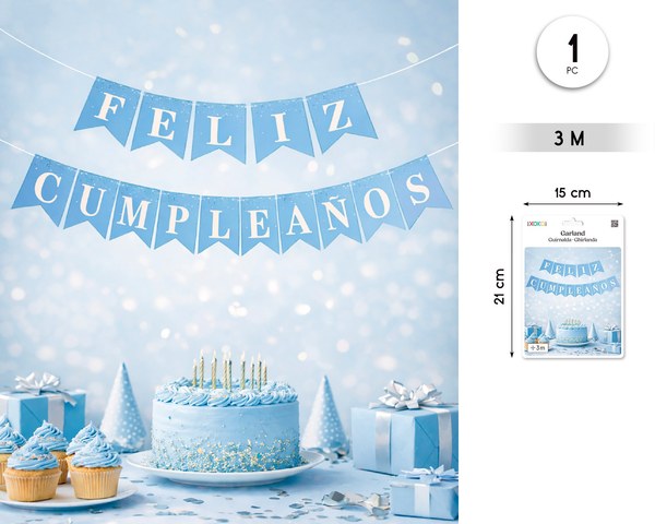 Banderines feliz cumple azul dorado 3m