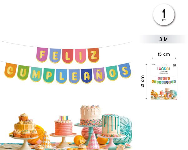 Banderines feliz cumpleanos multicolor 3m