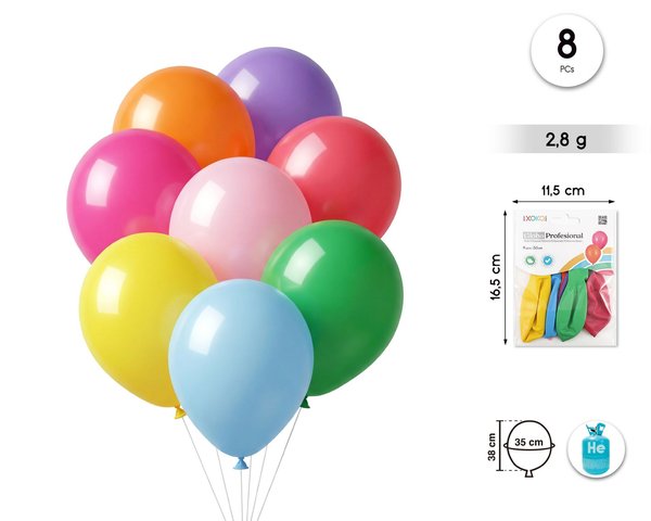 Globos latex 8pc 2.8g/35cm color surt