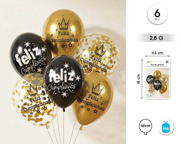 Globo latex print feliz cumple oro negro 6pcs 2,8g