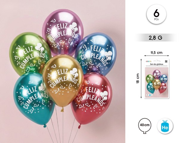 Globo latex print metalizado feliz cumple 6pcs 2,8g