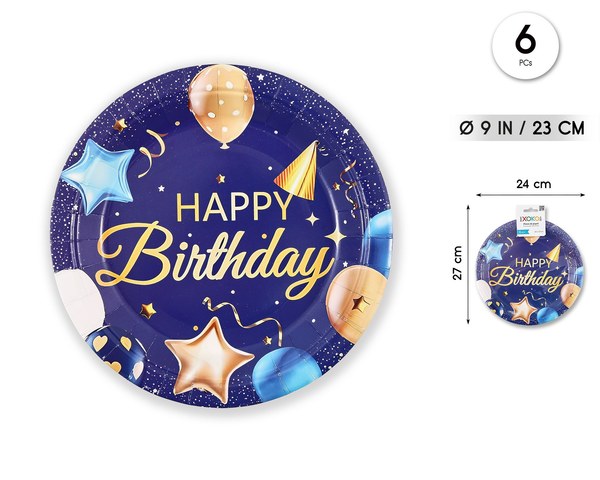 Plato 23cm happy bday globo 6pcs