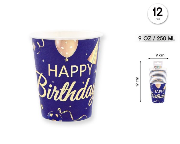 Vaso 90z/250ml happy bday globo 12pcs