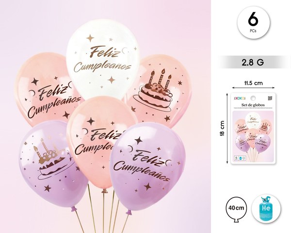 Globo latex print tarta feliz cumple rosa/morado 2,8g 6pcs
