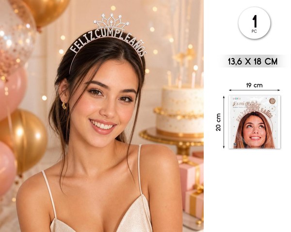 Diadema metalica feliz cumple oro rosa 13.6*18cm