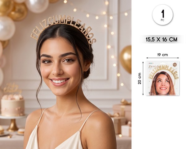 Diadema metalica feliz cumple oro 15.5*16cm