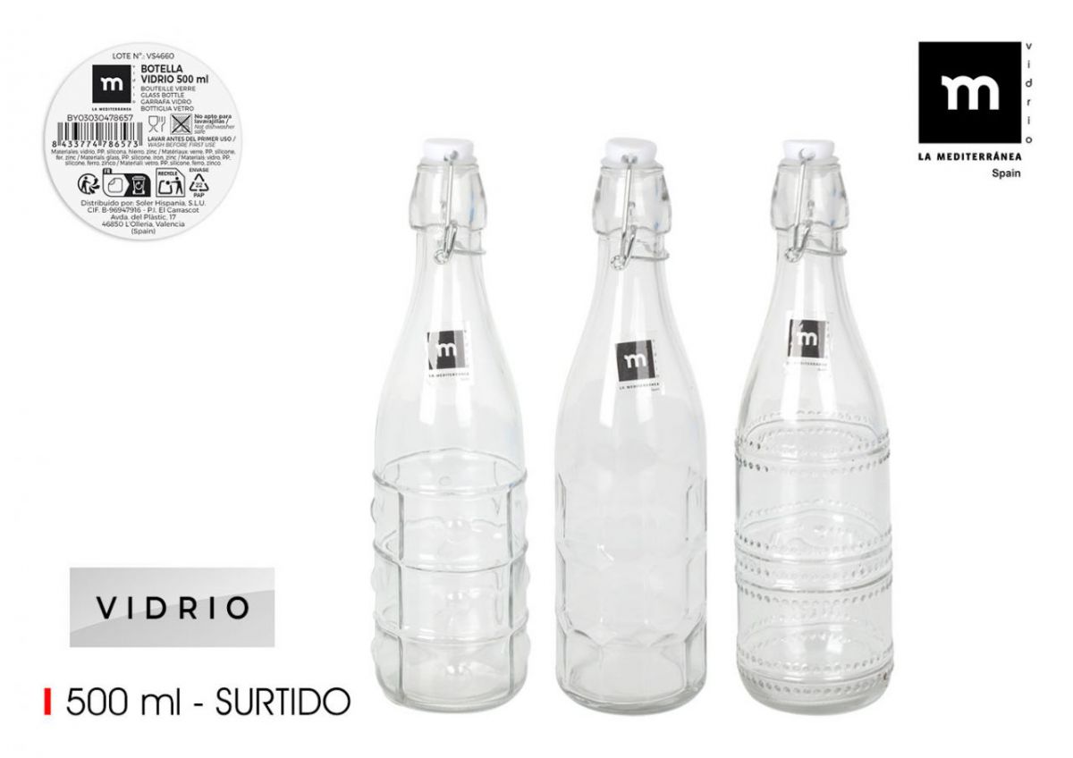 Botella transp.c/tapon hermetic.500 la mediterran