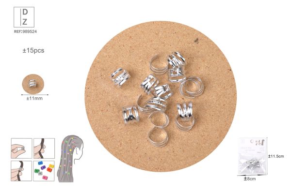 Anillos para trenzas pelo plata ±15pcs*11mm