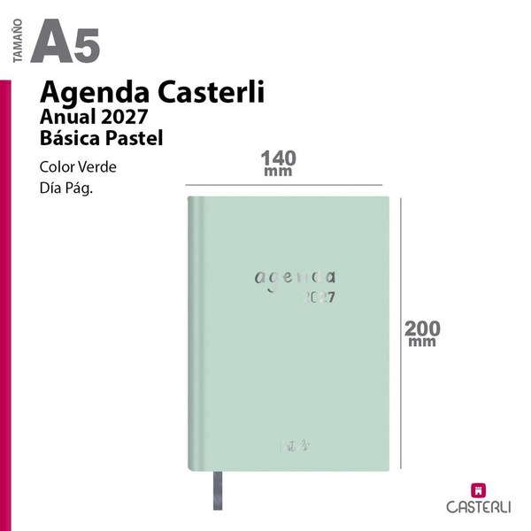 [2784090VE] Agenda Casterli Anual A5 2027 Dia pagina Basica Pastel 336 Pag (VERDE)