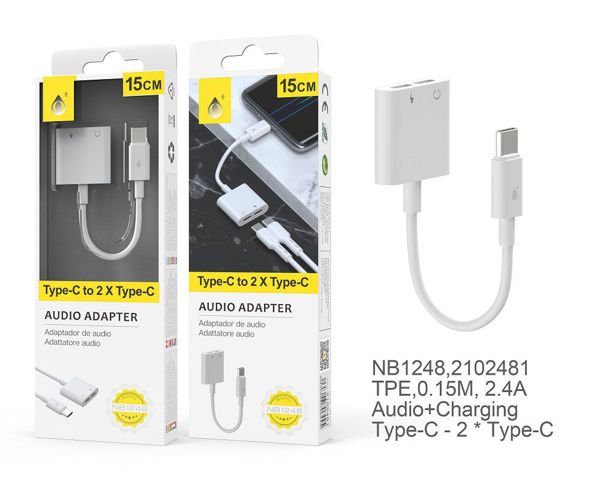 BL NB1248 Cable Adaptador 2 En 1 TYPE C a Carga TYPE C +Audio TYPE C ,0,15M, Blanco