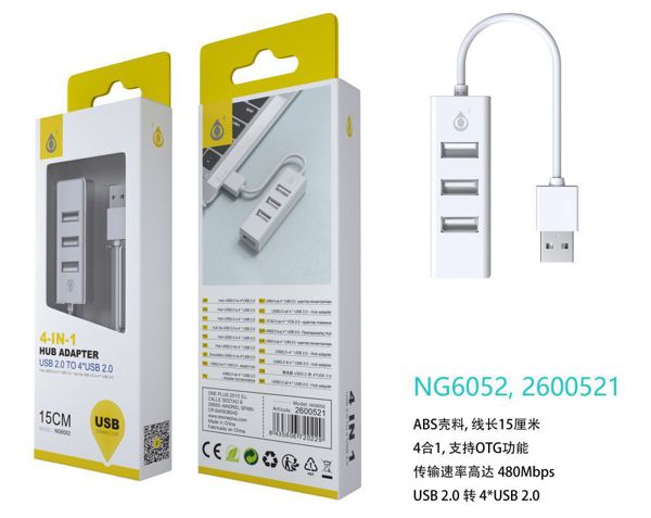 NG6052 BL lector USB Hub con 4 entrada USB Compatible con OTG ,Blanco