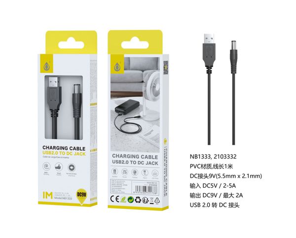 NB1333 NE Cable de Carga USB con Conector Jack DC 9V ( 5.5mm X 2,1mm)，Negro