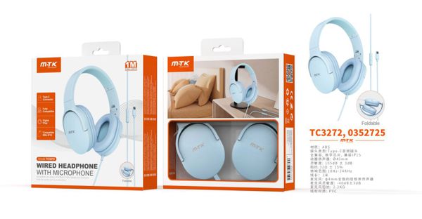 TC3272 AZ Auriculares Casco Zor plegable con Cable Type-C y microfono, Cable 1.2m,Soporta apple, Azul