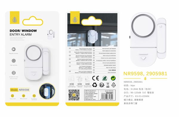 NR9598 BL Sensor magnetico de puertas y ventanas，Sonido de alarma 90-120 Db, Bateria LR44*3 Incluido，Blanco