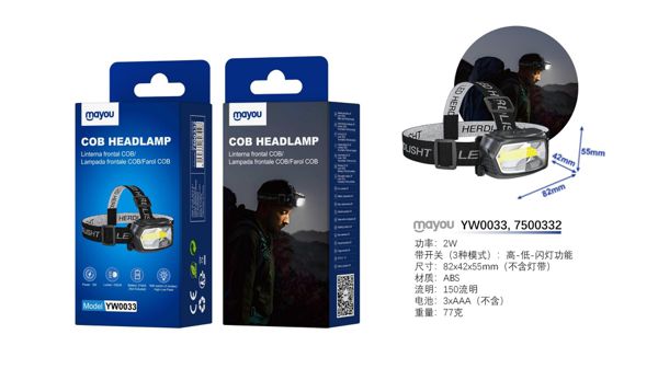 YW0033 NE Linterna Frontal led COB 2W/150lumenes, 3 modos(Alto/Bajo/Funcion de destello), Bateria AAA*3 No incluido