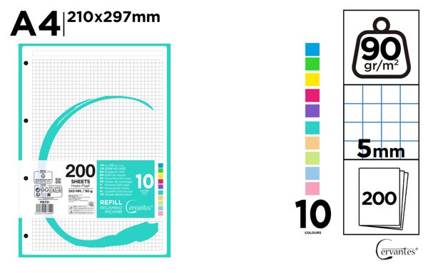 Recambio a4 cuadrícula 5x5 mm 10colores