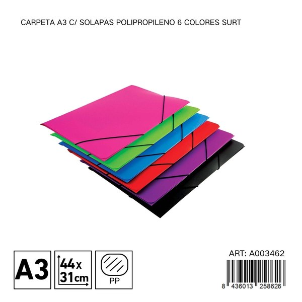 Carpeta a3 c/ solapas polipropileno 6 colores surt