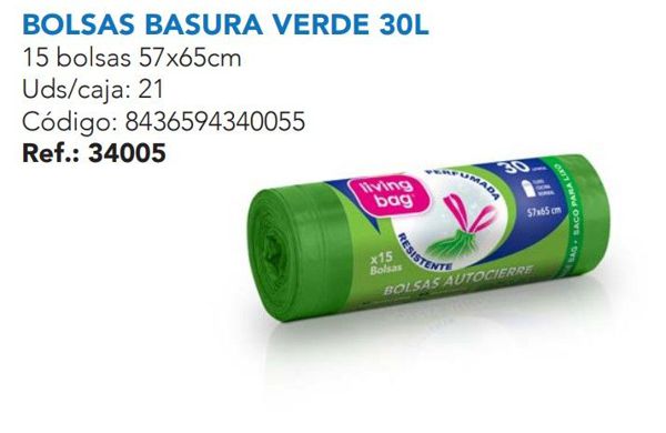 Livingbag b.basura 30l g75 15u verde