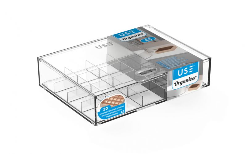 Caja con tapa abatible organizer a5 divisiones pequeñas - transparente