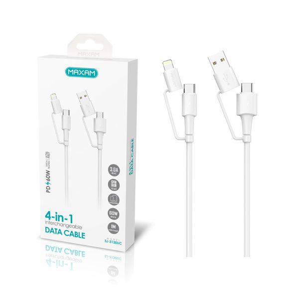 SJ-3130UC Blanco 4 en 1 Tipo C a USB a Tipo C (PD60W) Enchufe intercambiable Lightning (PD27W) 1m