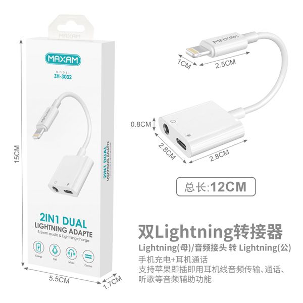 ZH-3032 Bianco Adattatore da Lightning ad audio, ricarica + auricolare per le chiamate, cavo 12 cm
