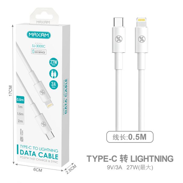 SJ-3000C Cable blanco de tipo C a iluminación TPE+ABS de 27 W y 0,5 m de longitud