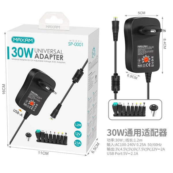 Adaptador de corriente multifunción negro de 30 W