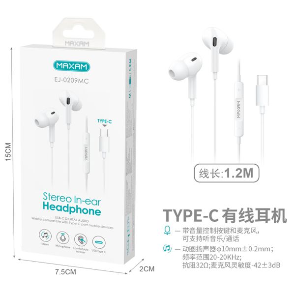 EJ-0209MC Micrófono de diadema estéreo intraauricular tipo C blanco 1,2M