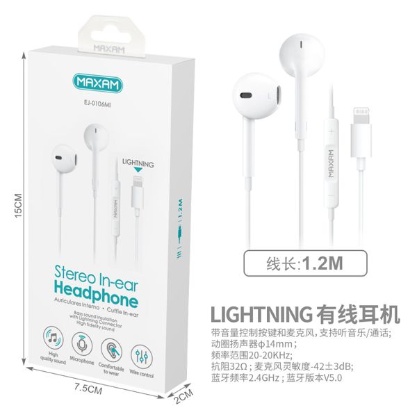 EJ-0106MI Relámpago blanco iPhone con cable Bluetooth estéreo Hablar Auricular Mic 1.2M