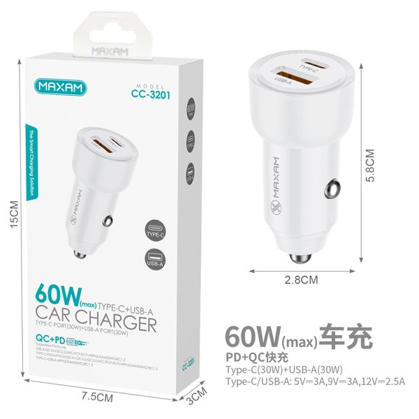 CC-3201 Blanco Doble puerto de carga rápida QC USB(30W)&1TYPE-C(30W)/60W