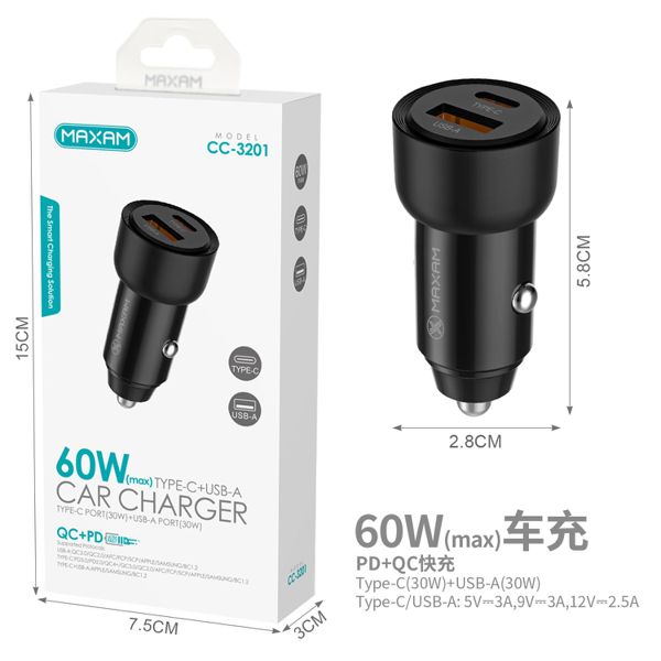 CC-3201 Negro Doble puerto de carga rápida QC USB(30W)&1TYPE-C(30W)/60W