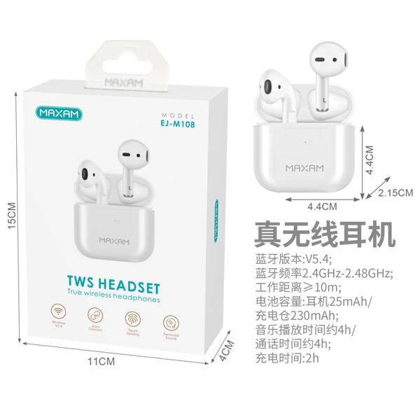 EJ-M108 Auricular Bluetooth TWS V5.4/230mAh blanco
