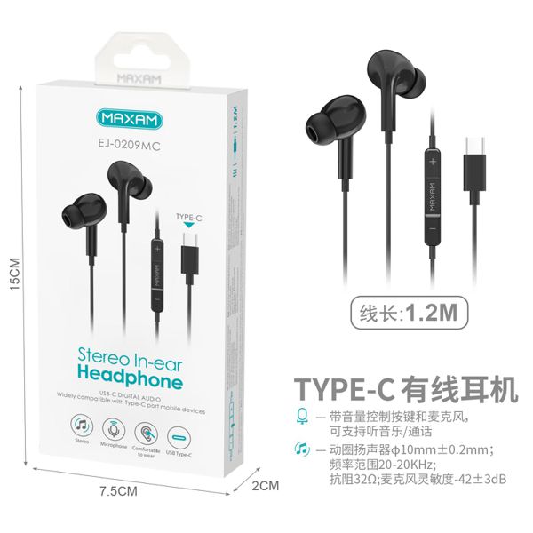 EJ-0209MC auricular tipo C Mic 1,2 M ( Negro)