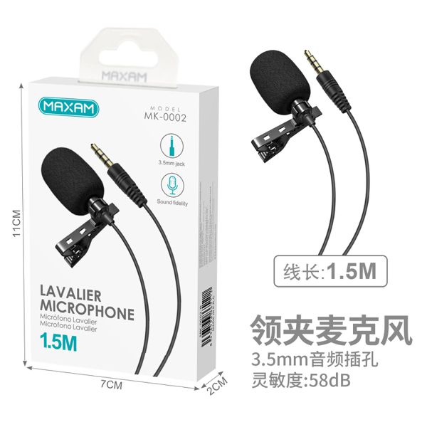 MK-0002 Cable de micrófono de solapa negro con conector de 3,5 mm y longitud de 1,5 m