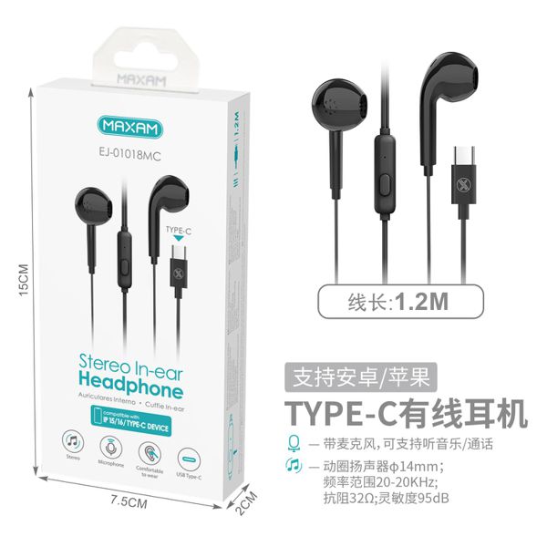 EJ-01018MC Auricular estéreo TIPO-C negro cable numerico Mic 1.2M Altavoz magnético blanco