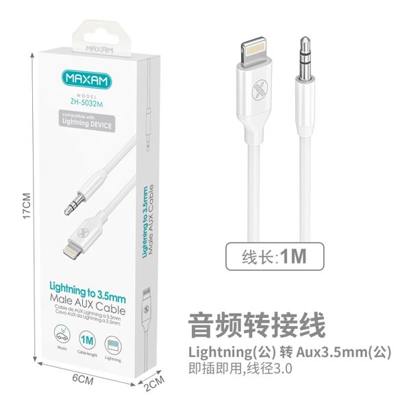 ZH-5032M Blanco Cable de audio auxiliar para coche, cable adaptador Lightning a 3,5 mm, 1 metro