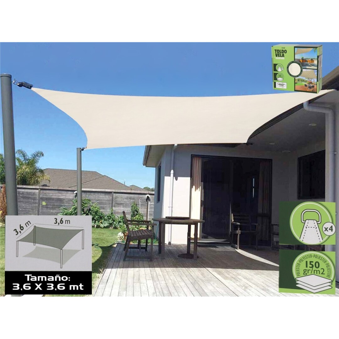 Toldo vela cuadrado 3,6x3,6m beige