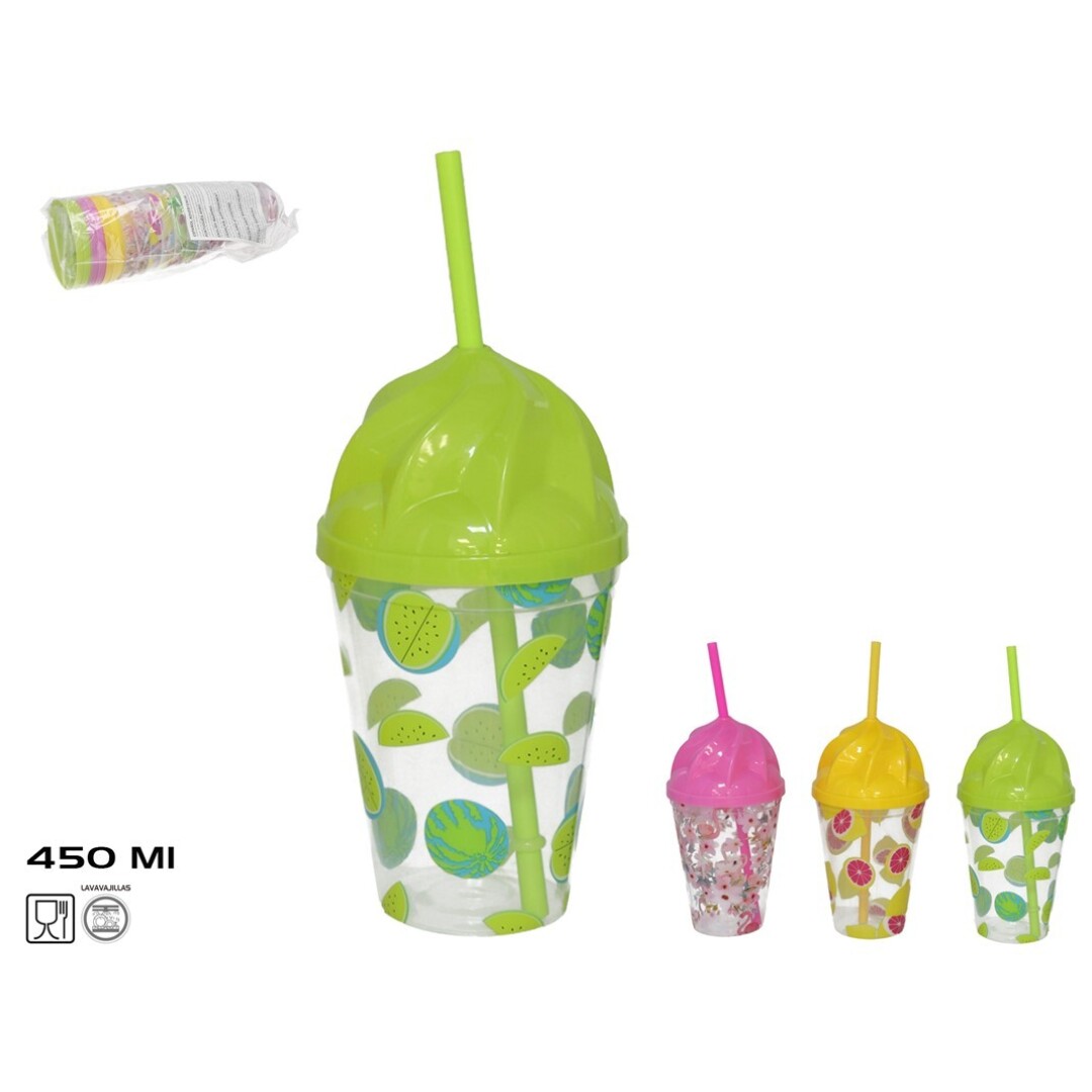 Vaso con cañita julio 3 col srt 450 ml 9,5x17 cm