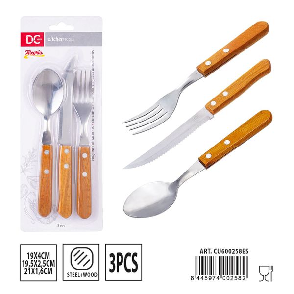 Juego de cubiertos con mango de madera 3pcs