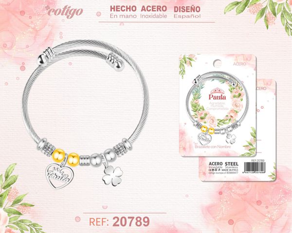 Brazalerte acero con nombre:paula