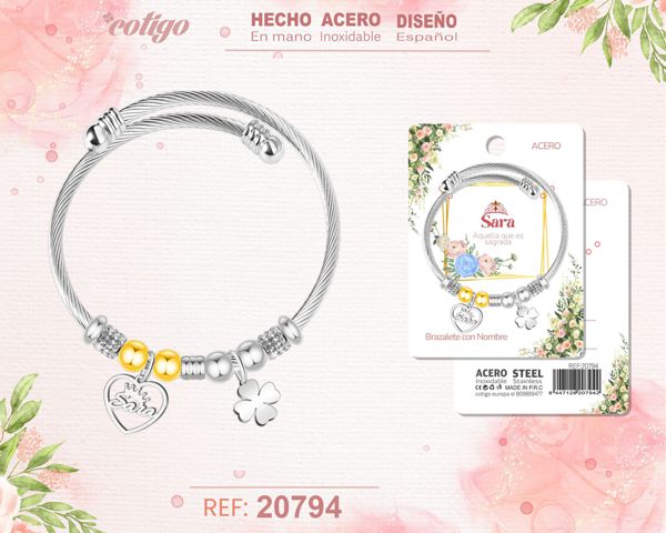 Brazalerte acero con nombre:sara