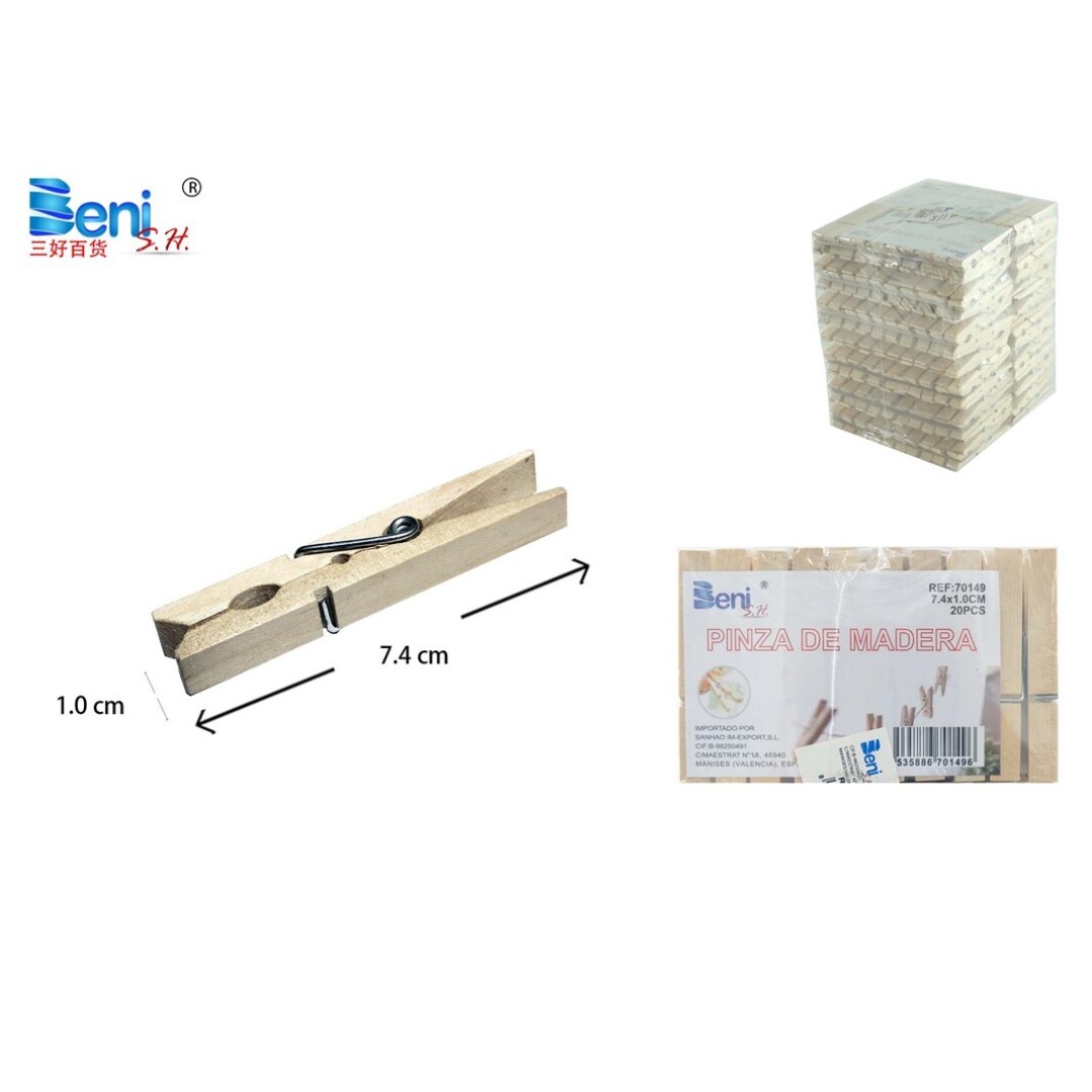 Pinza de ropa madera 7.4x1.0cm 20pcs