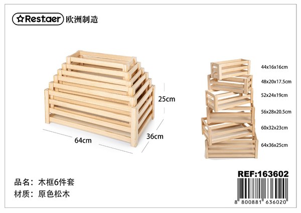 Set 6 cajas de madera 64x36x25cm